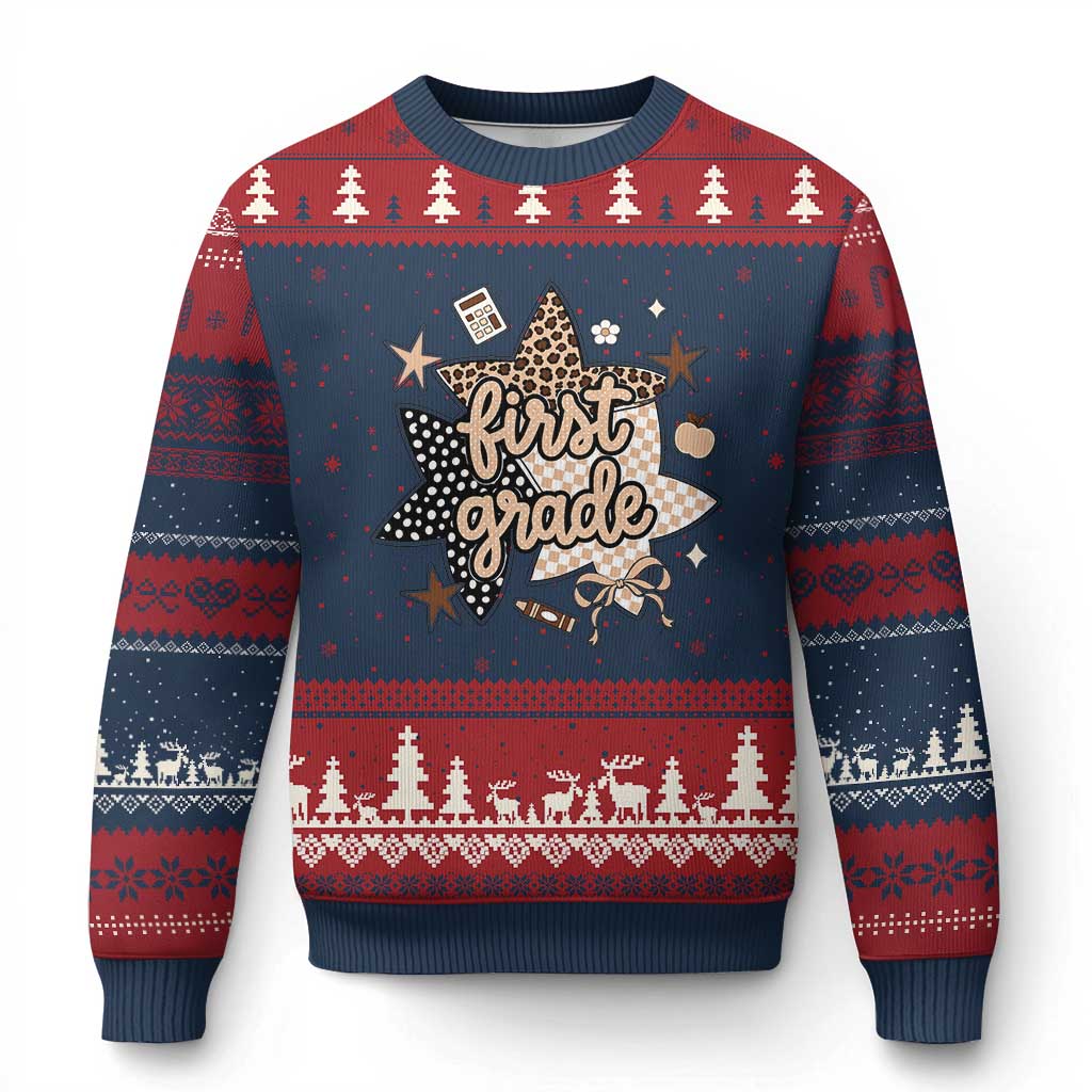 First Grade Leopard Checkered Star Coquette Ugly Christmas Sweater Cute 1st Grade Girl Back to School Gift TS02 Navy Red Print Your Wear