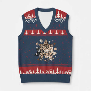 First Grade Leopard Checkered Star Coquette V-Neck Knit Sweater Vest Cute 1st Grade Girl Back to School Gift