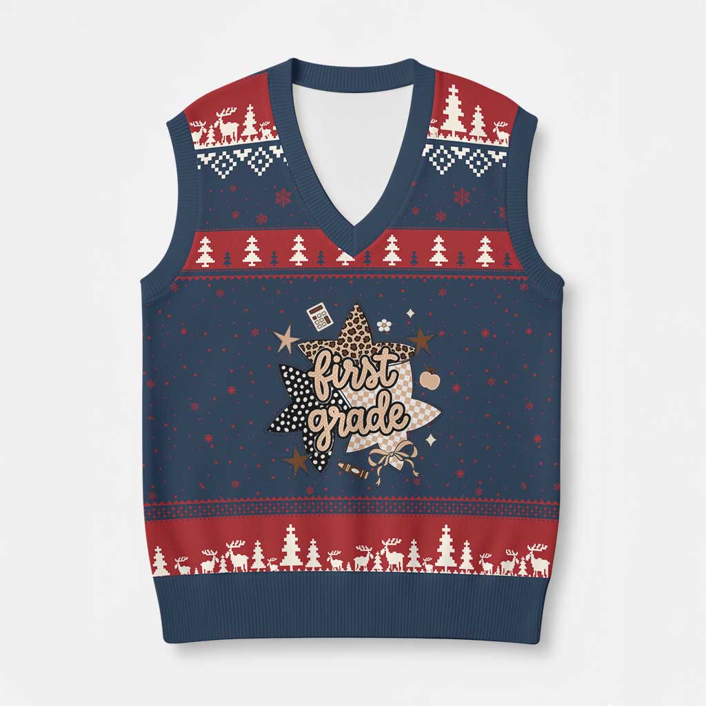 First Grade Leopard Checkered Star Coquette V-Neck Knit Sweater Vest Cute 1st Grade Girl Back to School Gift TS02 Navy Red Print Your Wear