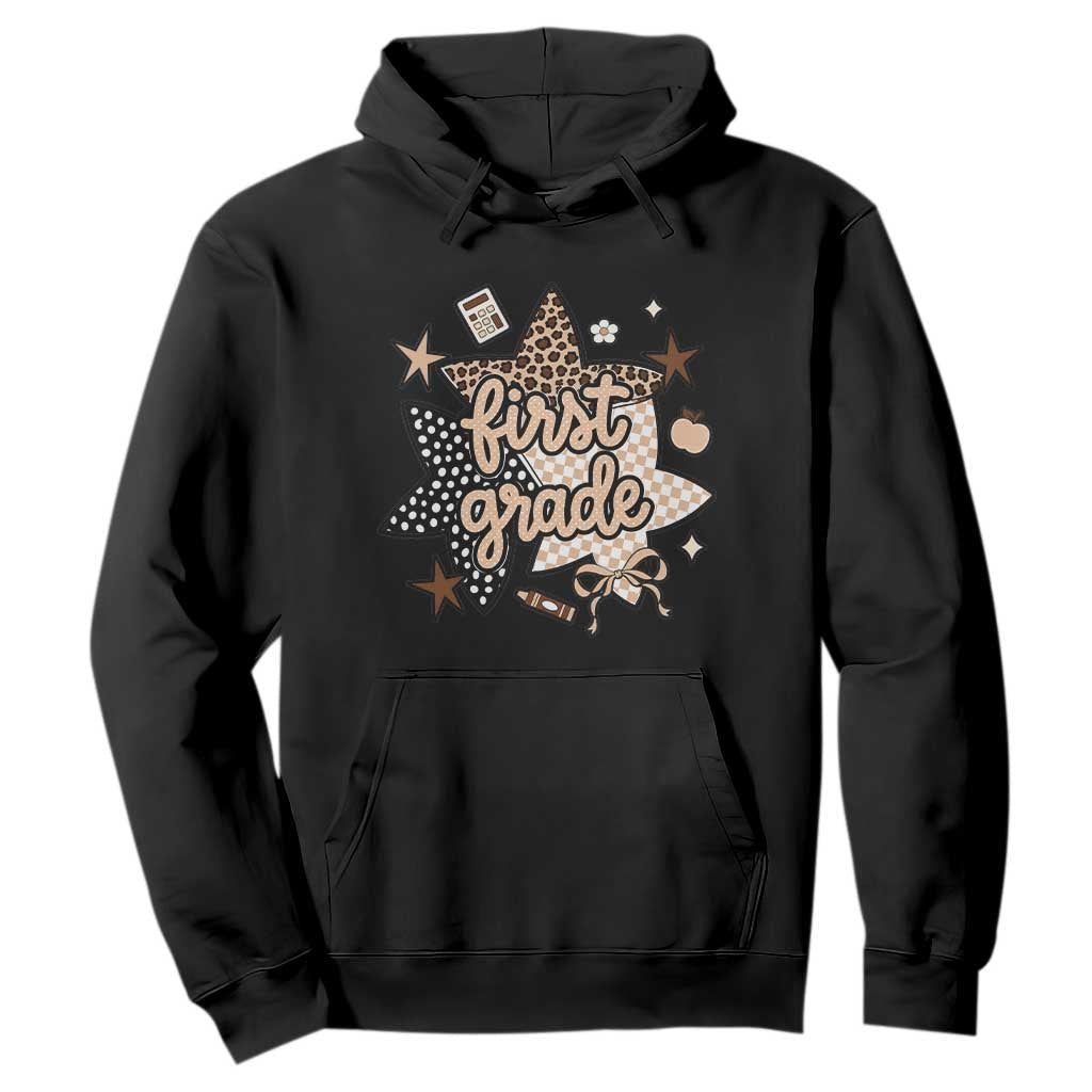 First Grade Leopard Checkered Star Coquette Hoodie Cute 1st Grade Girl Back to School Gift TS02 Black Print Your Wear