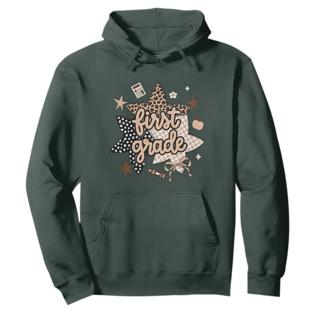 First Grade Leopard Checkered Star Coquette Hoodie Cute 1st Grade Girl Back to School Gift