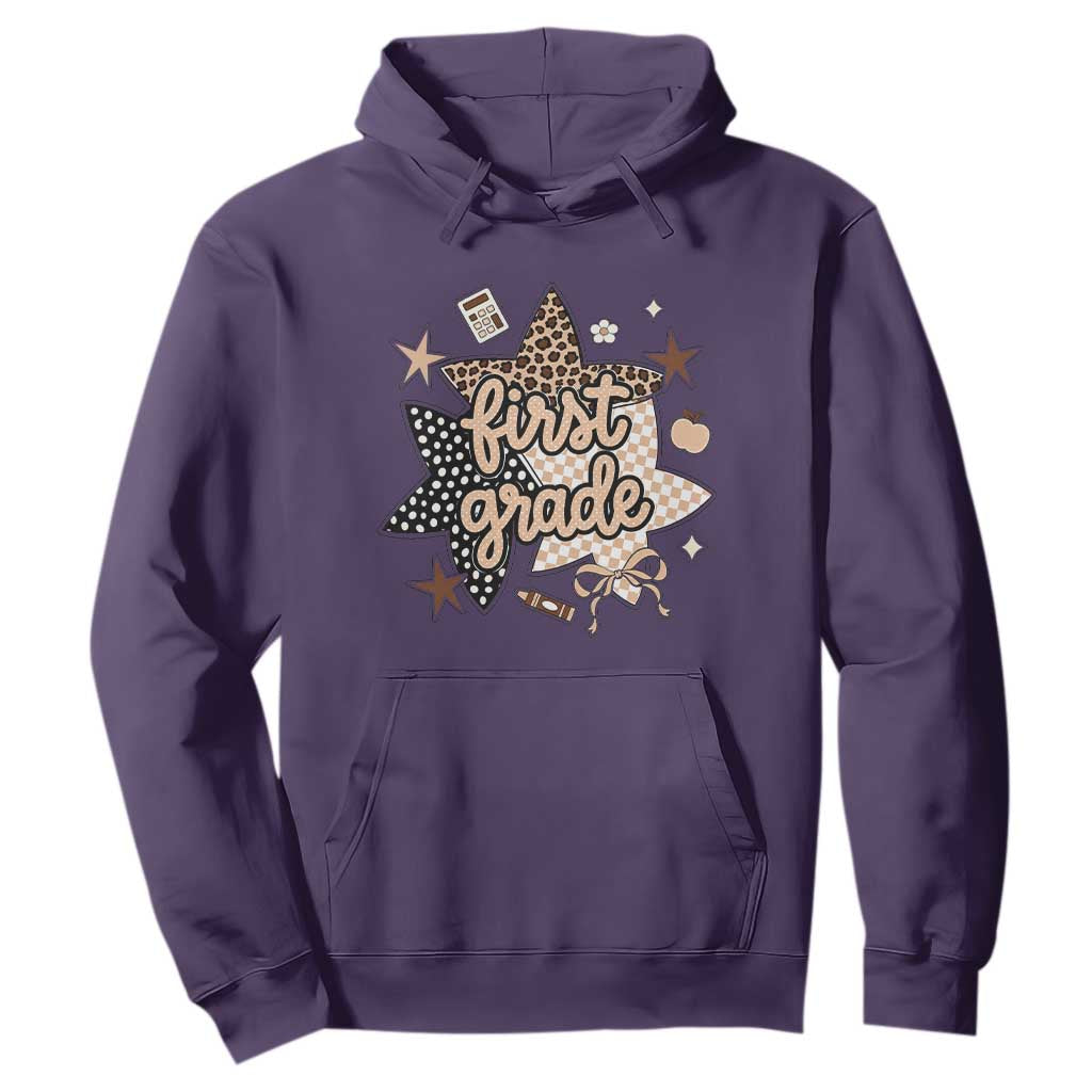 First Grade Leopard Checkered Star Coquette Hoodie Cute 1st Grade Girl Back to School Gift