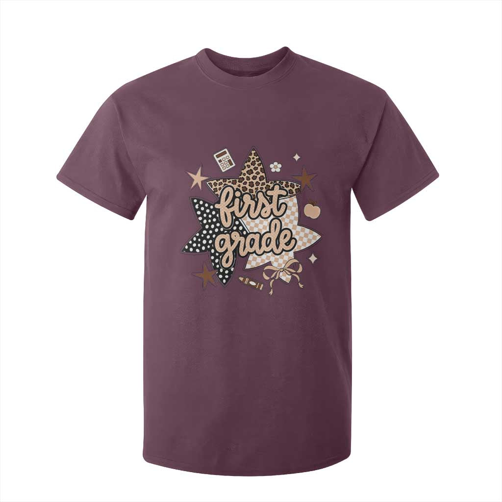 First Grade Leopard Checkered Star Coquette T Shirt For Kid Cute 1st Grade Girl Back to School Gift