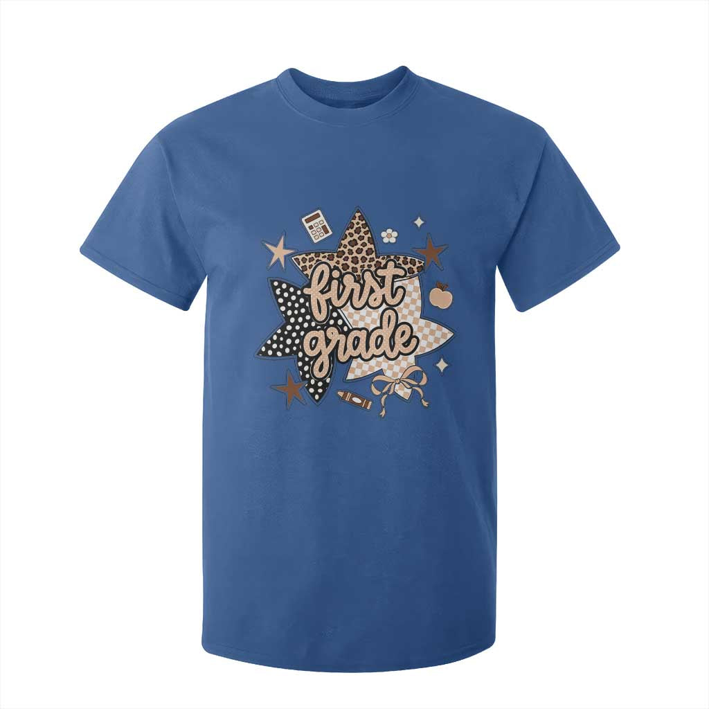 First Grade Leopard Checkered Star Coquette T Shirt For Kid Cute 1st Grade Girl Back to School Gift