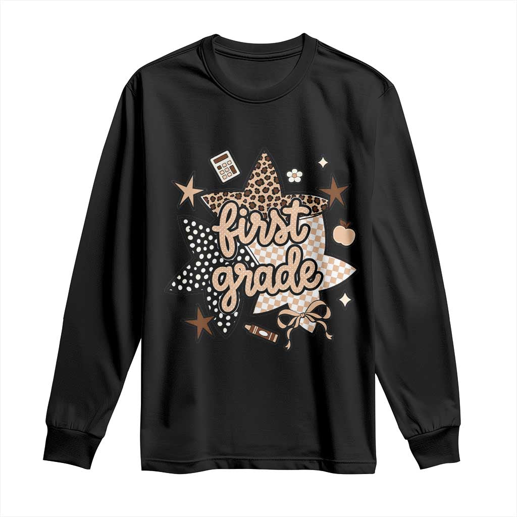 First Grade Leopard Checkered Star Coquette Long Sleeve Shirt Cute 1st Grade Girl Back to School Gift TS02 Black Print Your Wear