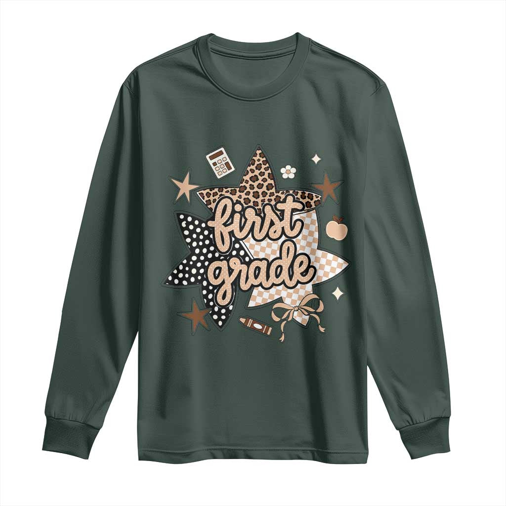First Grade Leopard Checkered Star Coquette Long Sleeve Shirt Cute 1st Grade Girl Back to School Gift