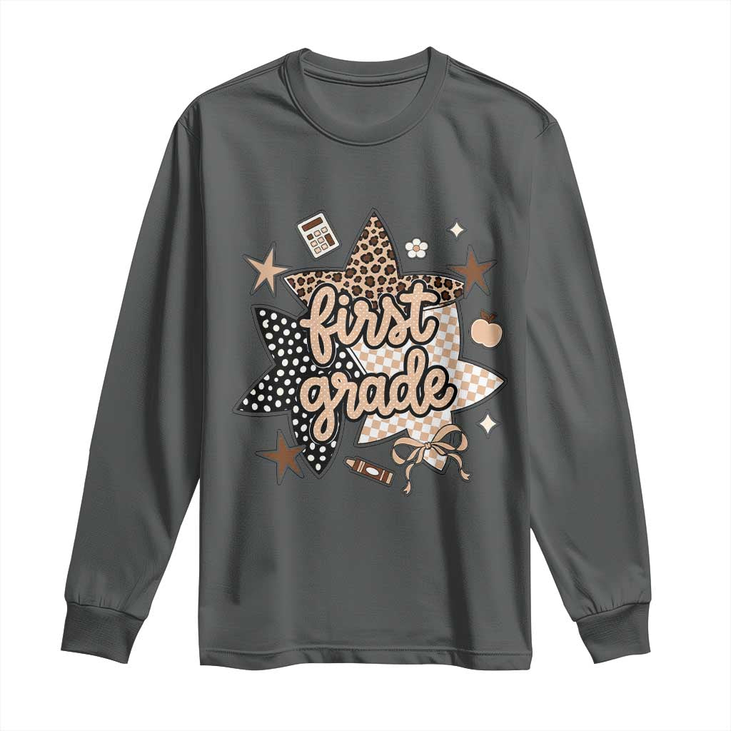 First Grade Leopard Checkered Star Coquette Long Sleeve Shirt Cute 1st Grade Girl Back to School Gift