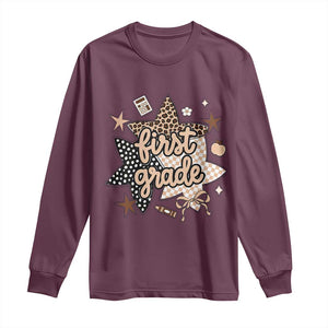 First Grade Leopard Checkered Star Coquette Long Sleeve Shirt Cute 1st Grade Girl Back to School Gift