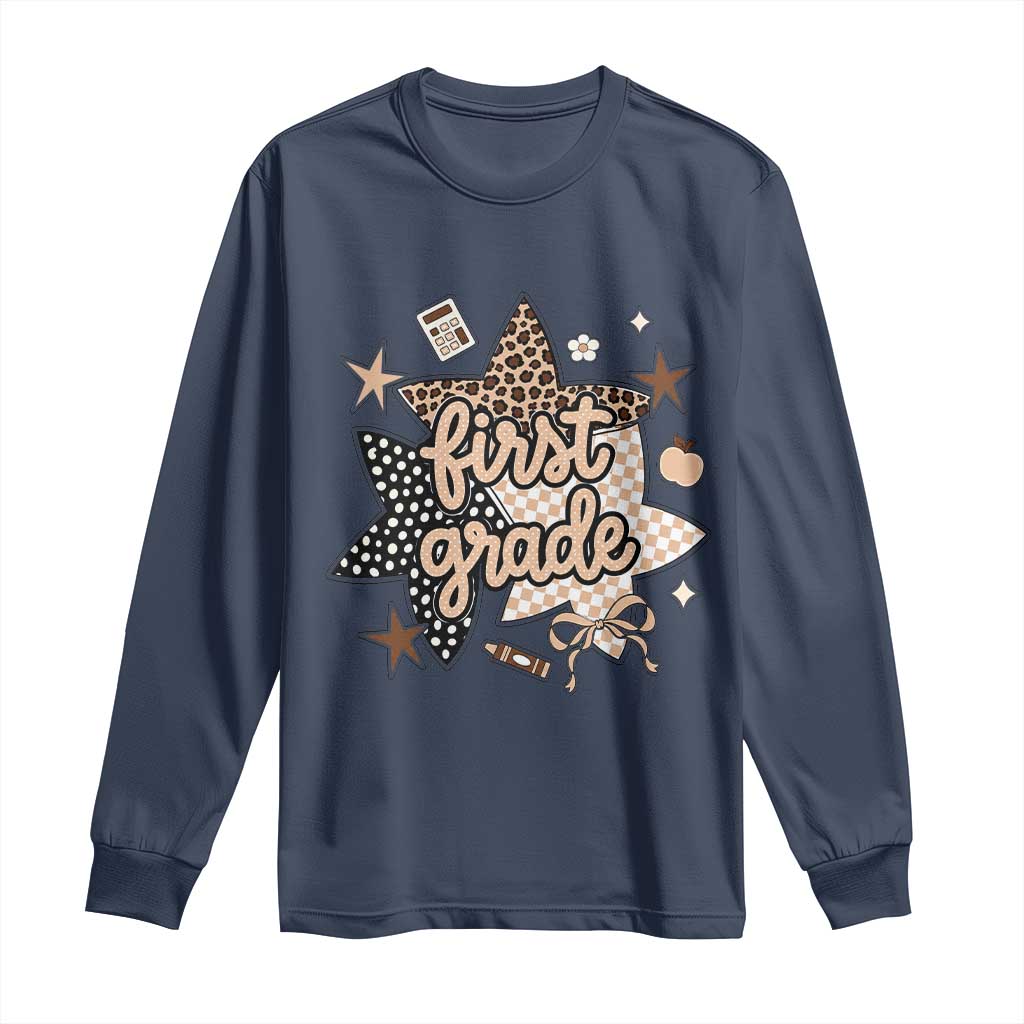 First Grade Leopard Checkered Star Coquette Long Sleeve Shirt Cute 1st Grade Girl Back to School Gift