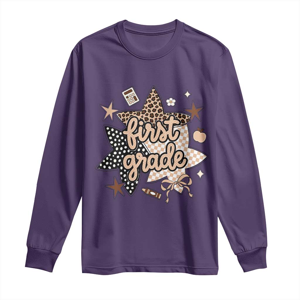 First Grade Leopard Checkered Star Coquette Long Sleeve Shirt Cute 1st Grade Girl Back to School Gift