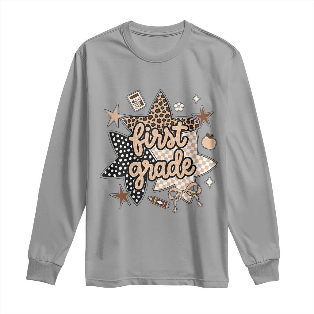 First Grade Leopard Checkered Star Coquette Long Sleeve Shirt Cute 1st Grade Girl Back to School Gift