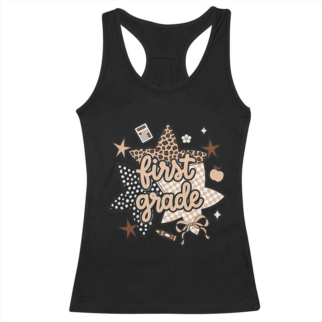 First Grade Leopard Checkered Star Coquette Racerback Tank Top Cute 1st Grade Girl Back to School Gift TS02 Black Print Your Wear