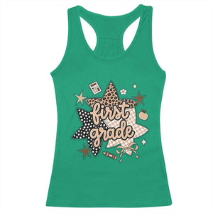 First Grade Leopard Checkered Star Coquette Racerback Tank Top Cute 1st Grade Girl Back to School Gift
