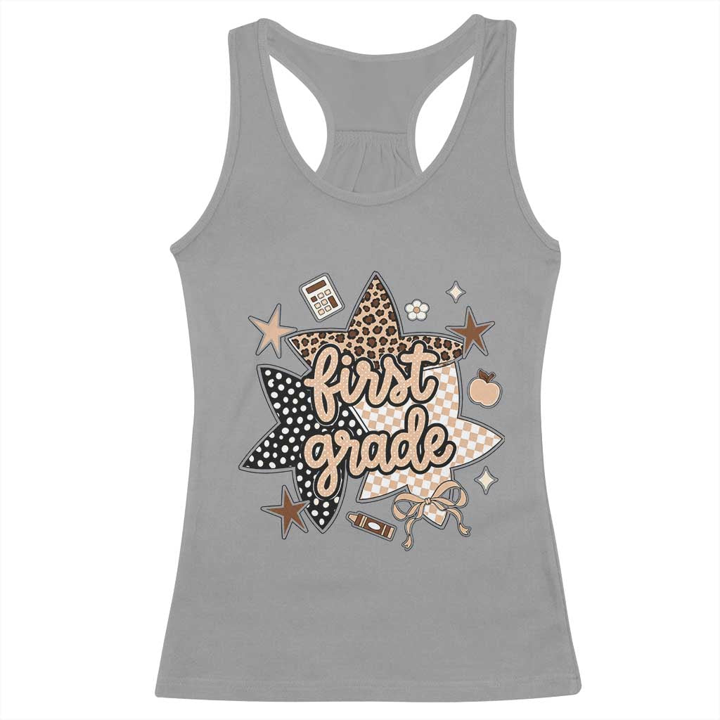 First Grade Leopard Checkered Star Coquette Racerback Tank Top Cute 1st Grade Girl Back to School Gift