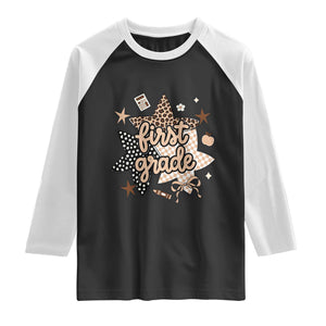 First Grade Leopard Checkered Star Coquette Raglan Shirt Cute 1st Grade Girl Back to School Gift