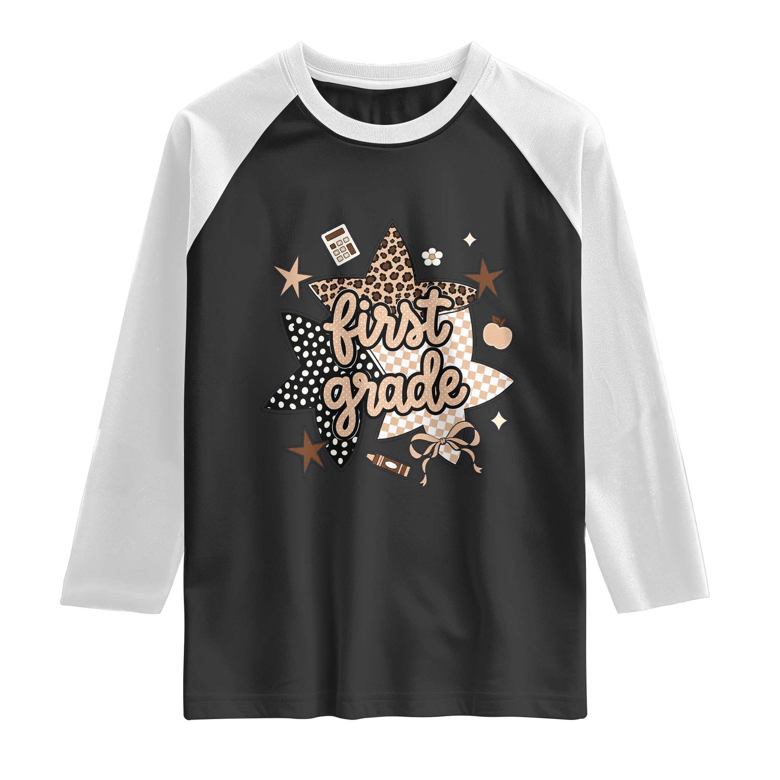 First Grade Leopard Checkered Star Coquette Raglan Shirt Cute 1st Grade Girl Back to School Gift TS02 Black White Print Your Wear