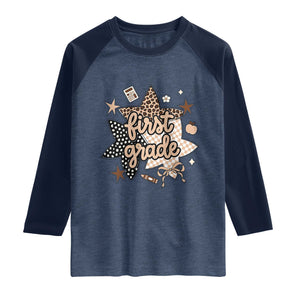 First Grade Leopard Checkered Star Coquette Raglan Shirt Cute 1st Grade Girl Back to School Gift