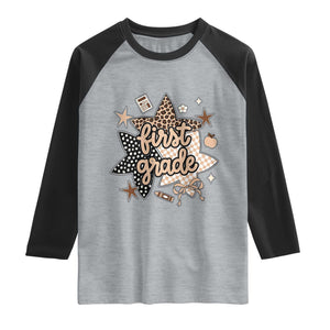 First Grade Leopard Checkered Star Coquette Raglan Shirt Cute 1st Grade Girl Back to School Gift