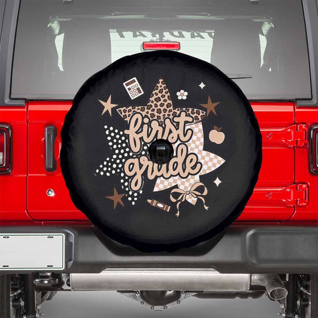First Grade Leopard Checkered Star Coquette Spare Tire Cover Cute 1st Grade Girl Back to School Gift