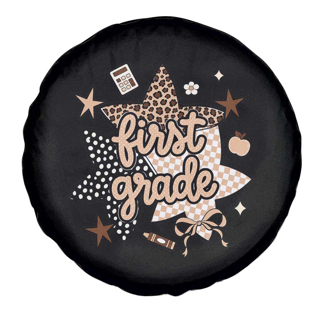 First Grade Leopard Checkered Star Coquette Spare Tire Cover Cute 1st Grade Girl Back to School Gift