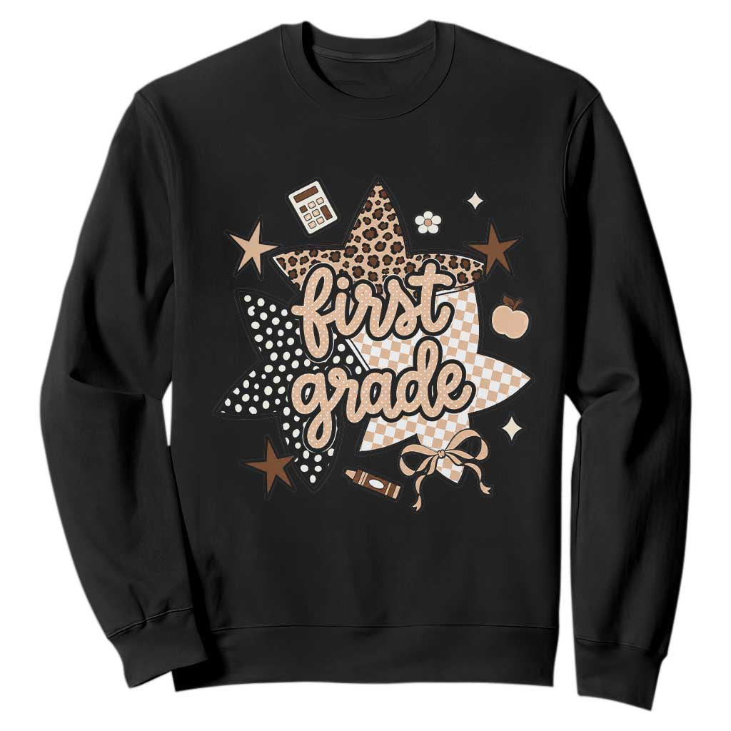 First Grade Leopard Checkered Star Coquette Sweatshirt Cute 1st Grade Girl Back to School Gift TS02 Black Print Your Wear