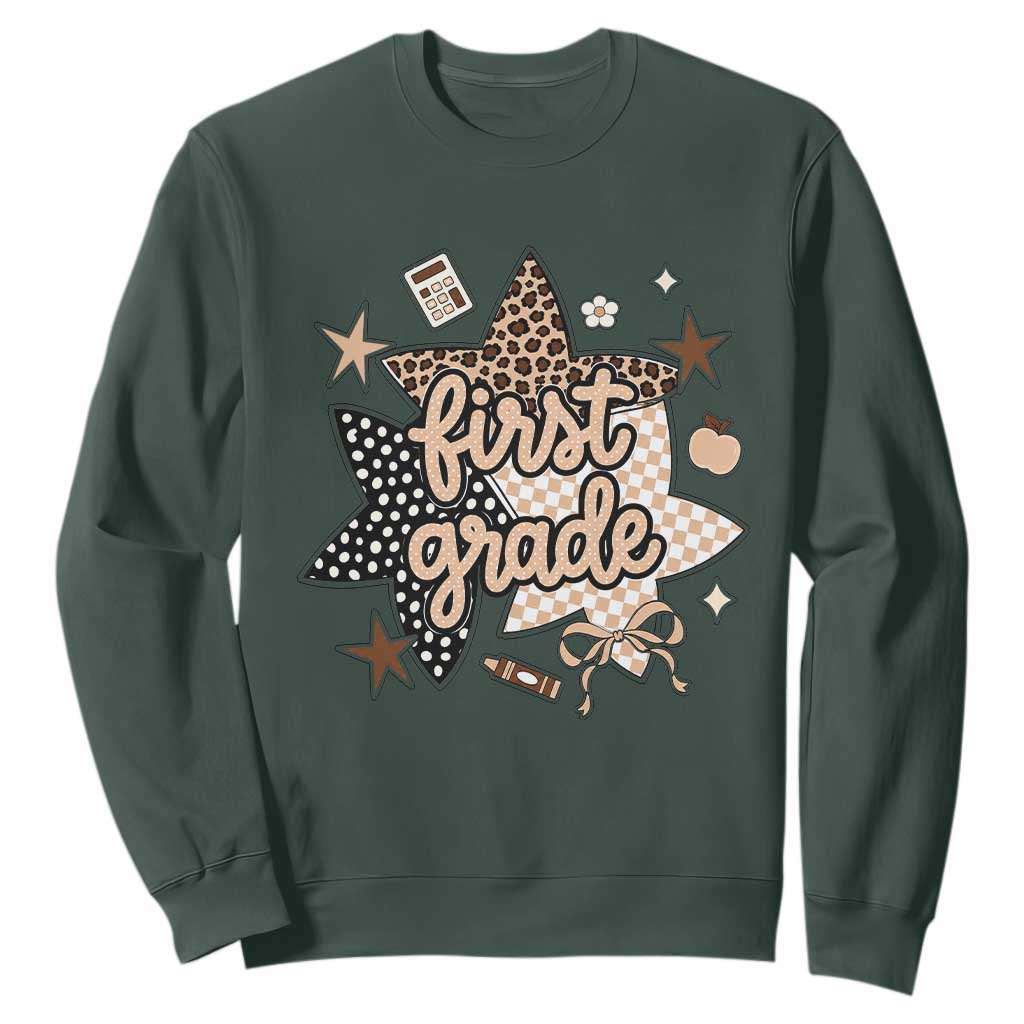 First Grade Leopard Checkered Star Coquette Sweatshirt Cute 1st Grade Girl Back to School Gift