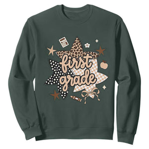 First Grade Leopard Checkered Star Coquette Sweatshirt Cute 1st Grade Girl Back to School Gift