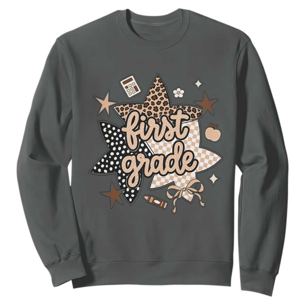 First Grade Leopard Checkered Star Coquette Sweatshirt Cute 1st Grade Girl Back to School Gift