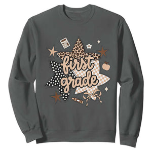 First Grade Leopard Checkered Star Coquette Sweatshirt Cute 1st Grade Girl Back to School Gift