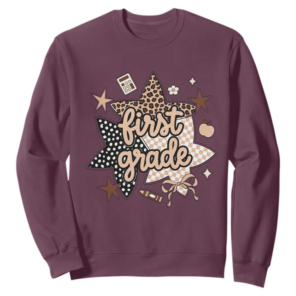 First Grade Leopard Checkered Star Coquette Sweatshirt Cute 1st Grade Girl Back to School Gift