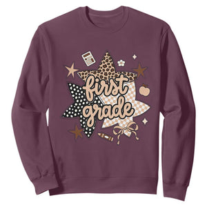 First Grade Leopard Checkered Star Coquette Sweatshirt Cute 1st Grade Girl Back to School Gift
