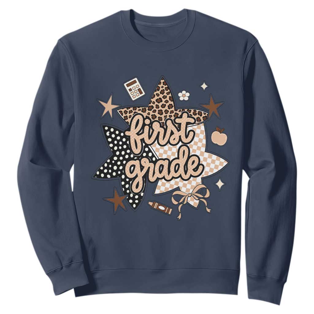 First Grade Leopard Checkered Star Coquette Sweatshirt Cute 1st Grade Girl Back to School Gift