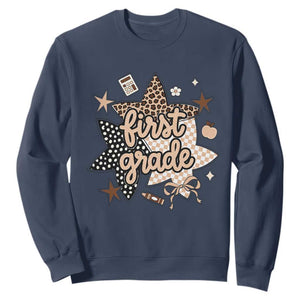 First Grade Leopard Checkered Star Coquette Sweatshirt Cute 1st Grade Girl Back to School Gift