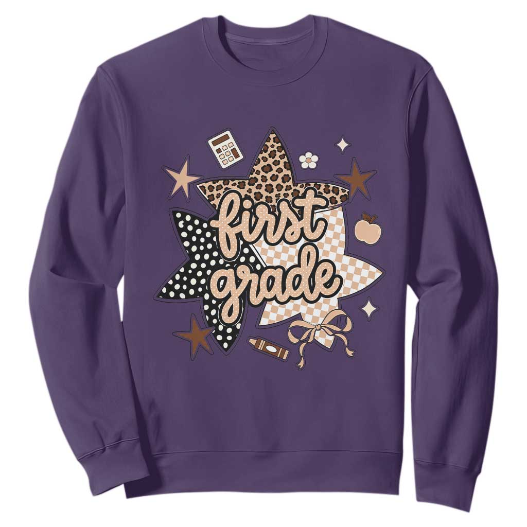 First Grade Leopard Checkered Star Coquette Sweatshirt Cute 1st Grade Girl Back to School Gift