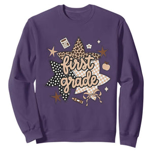 First Grade Leopard Checkered Star Coquette Sweatshirt Cute 1st Grade Girl Back to School Gift