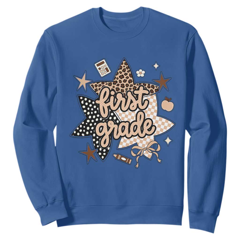 First Grade Leopard Checkered Star Coquette Sweatshirt Cute 1st Grade Girl Back to School Gift