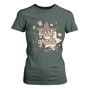 First Grade Leopard Checkered Star Coquette T Shirt For Women Cute 1st Grade Girl Back to School Gift