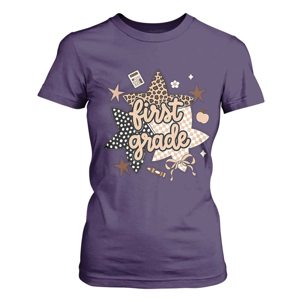 First Grade Leopard Checkered Star Coquette T Shirt For Women Cute 1st Grade Girl Back to School Gift