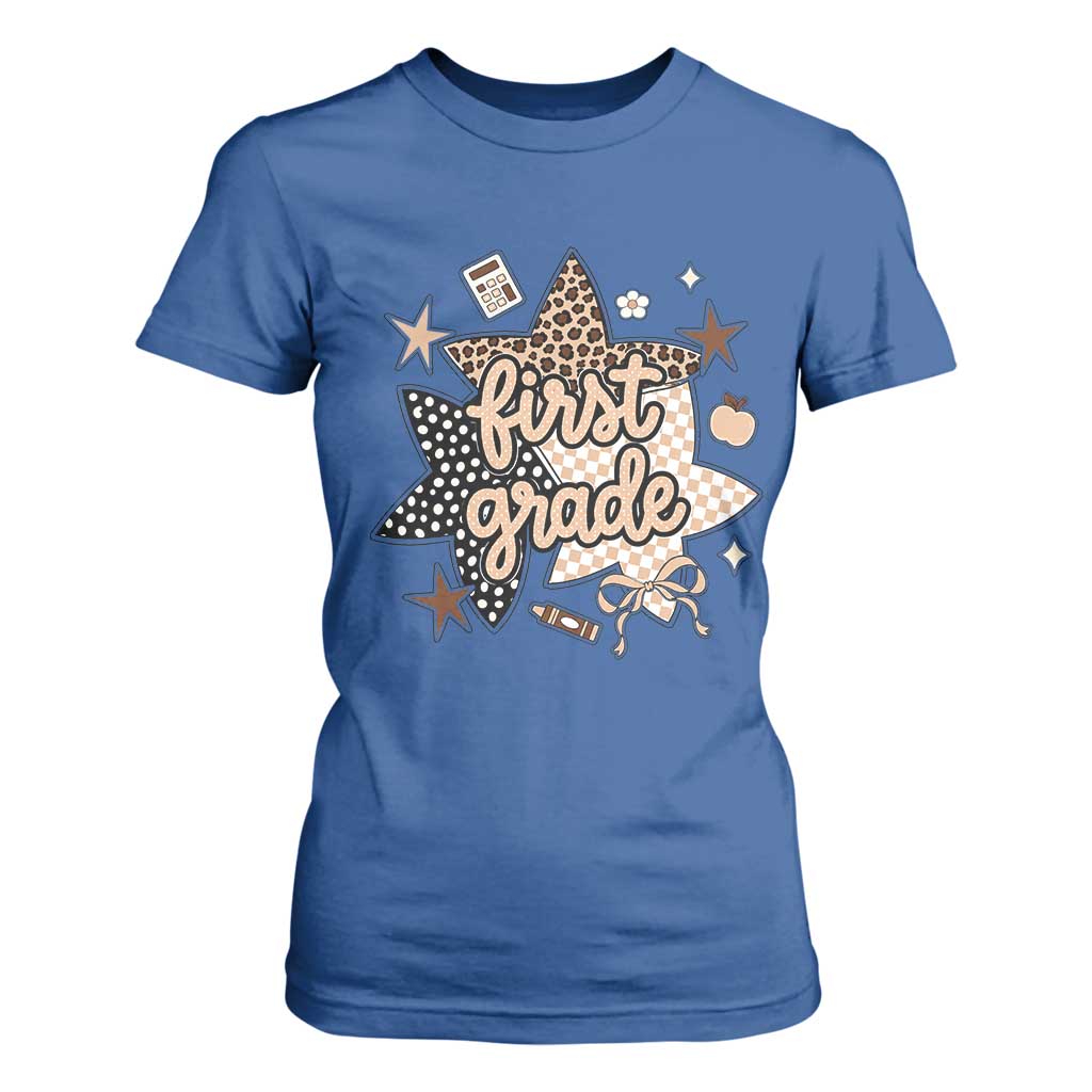 First Grade Leopard Checkered Star Coquette T Shirt For Women Cute 1st Grade Girl Back to School Gift
