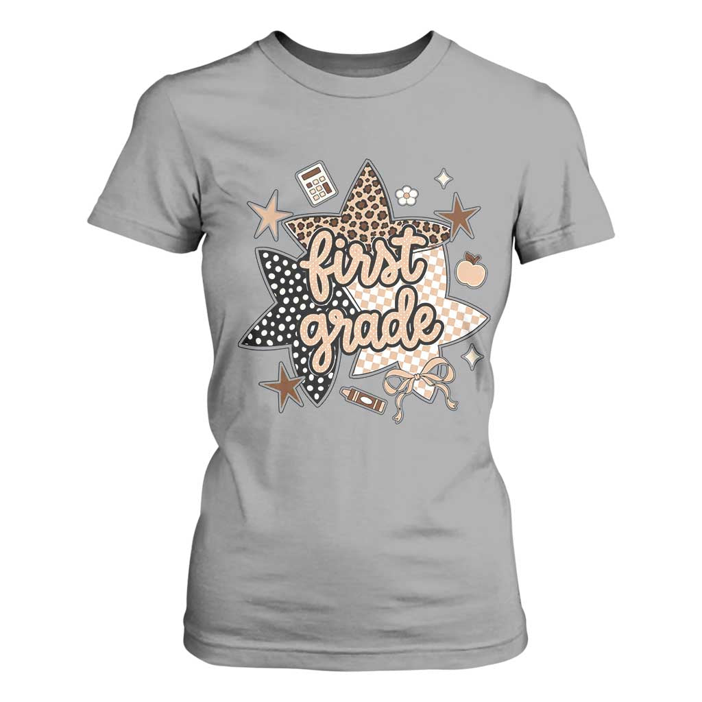 First Grade Leopard Checkered Star Coquette T Shirt For Women Cute 1st Grade Girl Back to School Gift