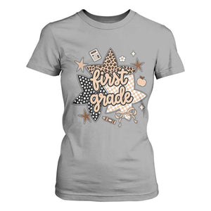 First Grade Leopard Checkered Star Coquette T Shirt For Women Cute 1st Grade Girl Back to School Gift