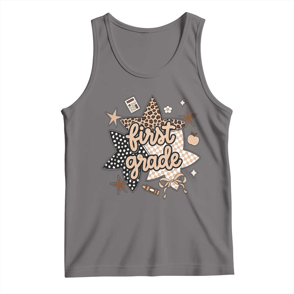 First Grade Leopard Checkered Star Coquette Tank Top Cute 1st Grade Girl Back to School Gift
