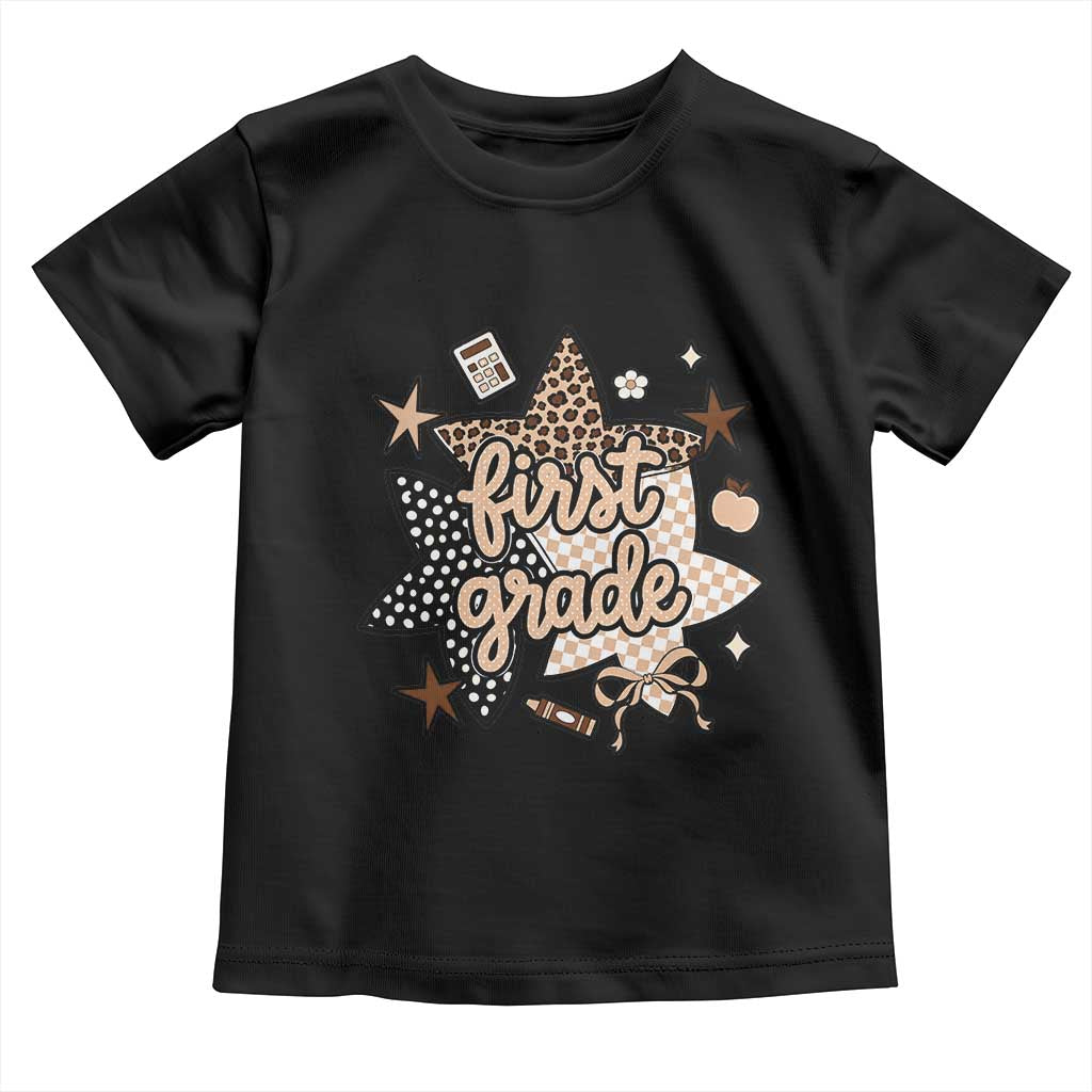 First Grade Leopard Checkered Star Coquette Toddler T Shirt Cute 1st Grade Girl Back to School Gift TS02 Black Print Your Wear