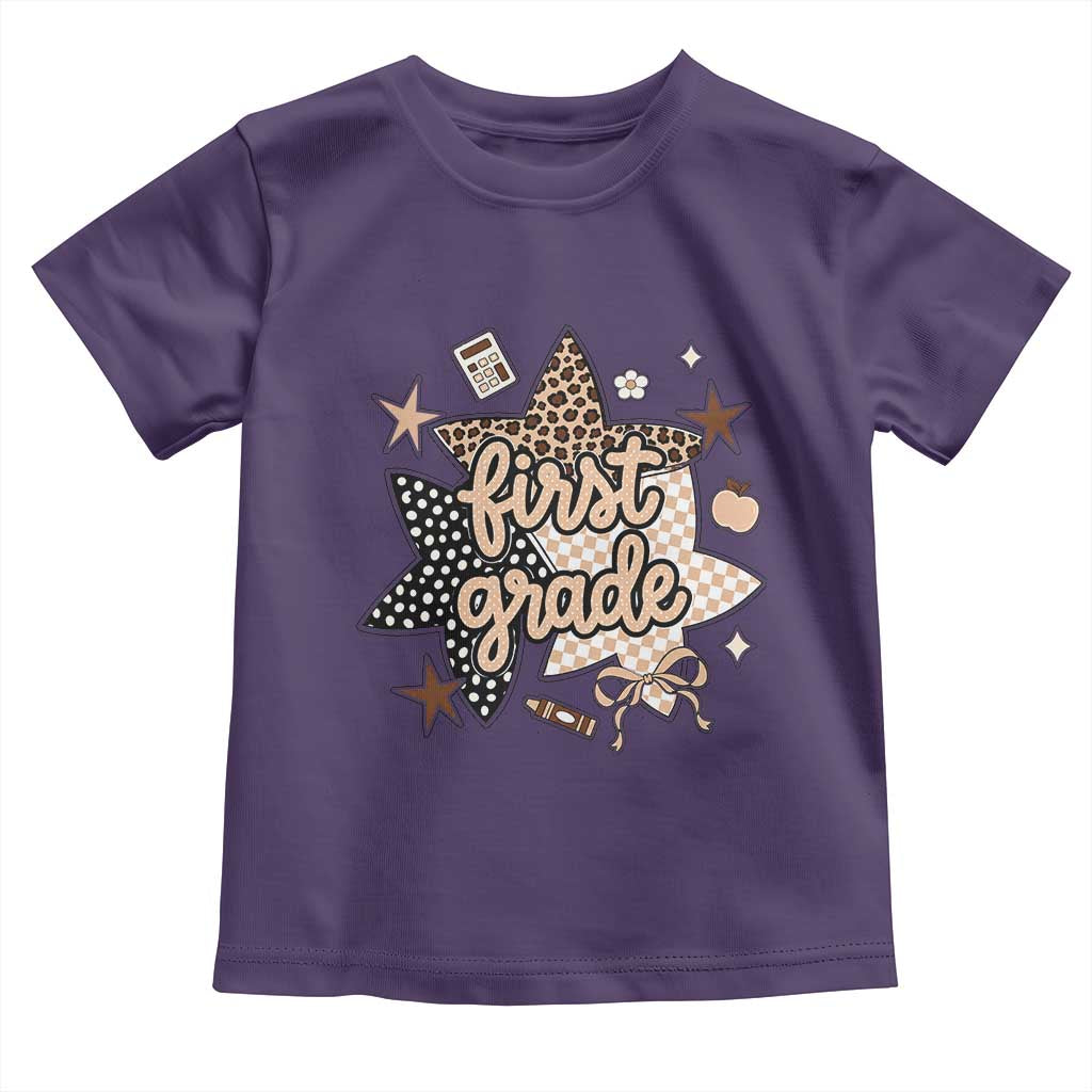 First Grade Leopard Checkered Star Coquette Toddler T Shirt Cute 1st Grade Girl Back to School Gift