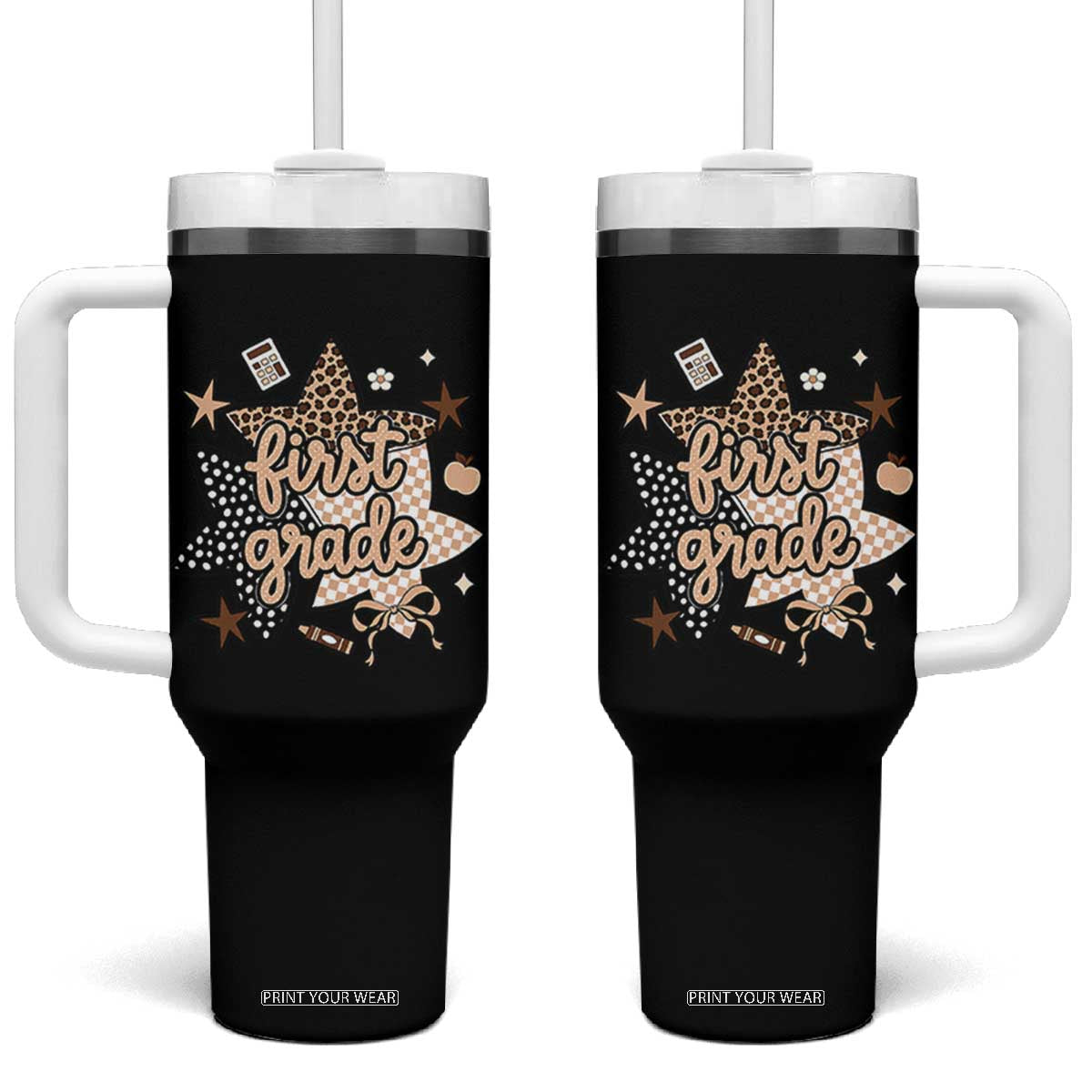 First Grade Leopard Checkered Star Coquette Tumbler With Handle Cute 1st Grade Girl Back to School Gift TS02 One Size: 40 oz Black Print Your Wear