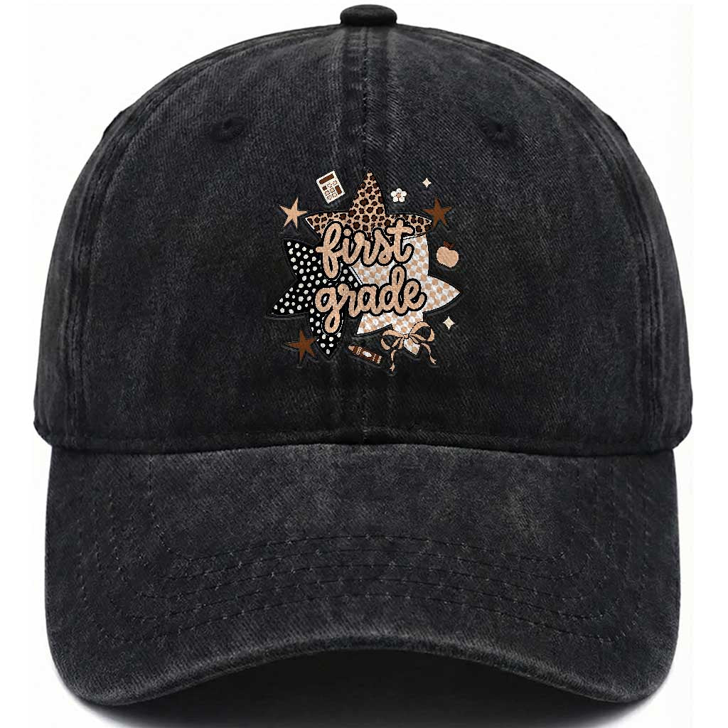 First Grade Leopard Checkered Star Coquette Washed Cotton Baseball Cap Cute 1st Grade Girl Back to School Gift TS02 Print Your Wear
