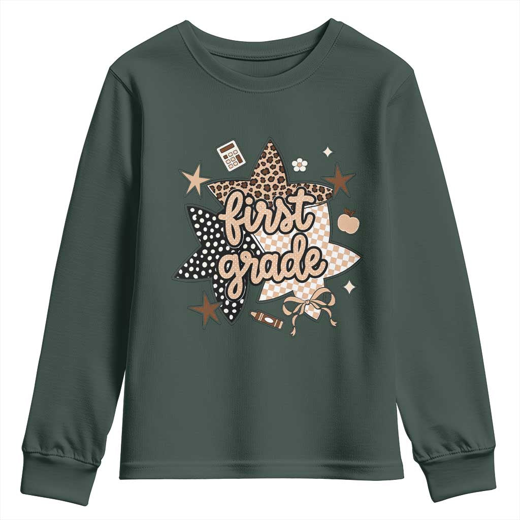 First Grade Leopard Checkered Star Coquette Youth Sweatshirt Cute 1st Grade Girl Back to School Gift