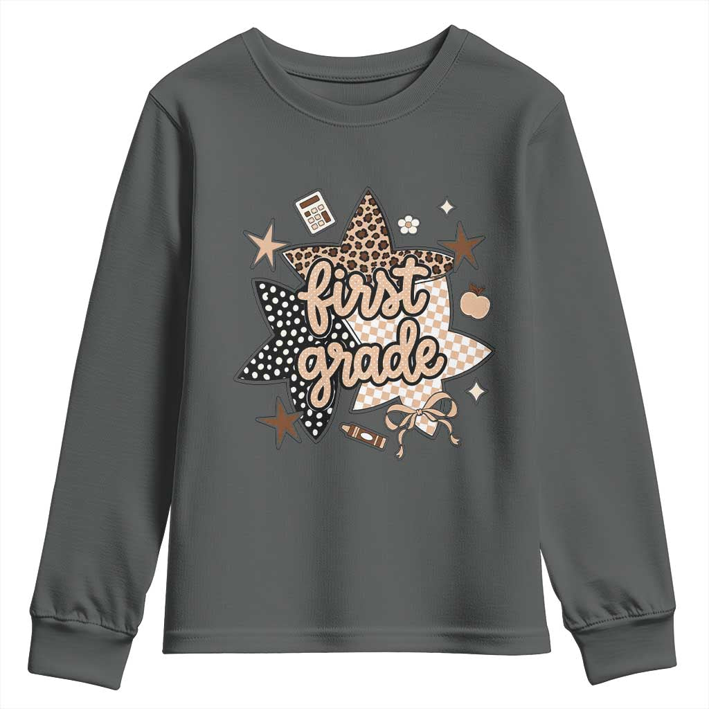 First Grade Leopard Checkered Star Coquette Youth Sweatshirt Cute 1st Grade Girl Back to School Gift