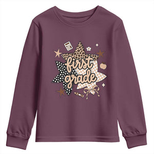 First Grade Leopard Checkered Star Coquette Youth Sweatshirt Cute 1st Grade Girl Back to School Gift