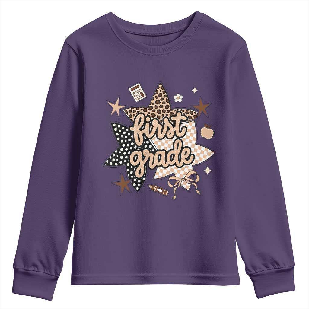 First Grade Leopard Checkered Star Coquette Youth Sweatshirt Cute 1st Grade Girl Back to School Gift